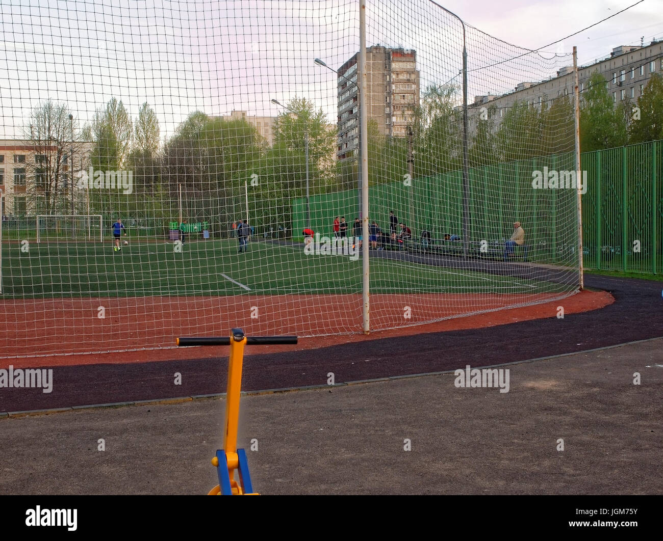 the football field near the school in Moscow Stock Photo