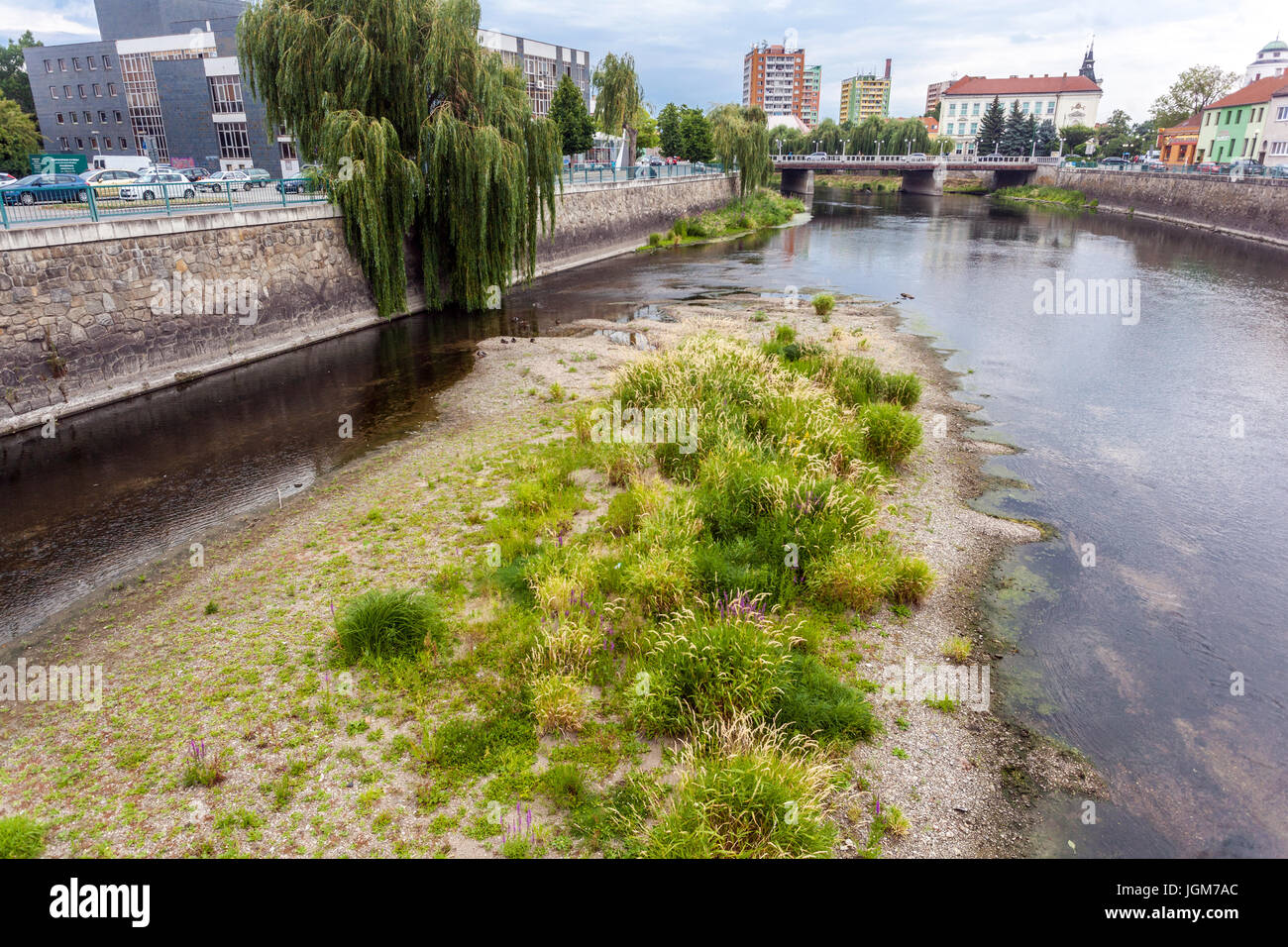 The low level of the river Dyje is a result of the continuing lack of rainfall in Southern Moravia, Breclav, Czech Republic, Europe Stock Photo
