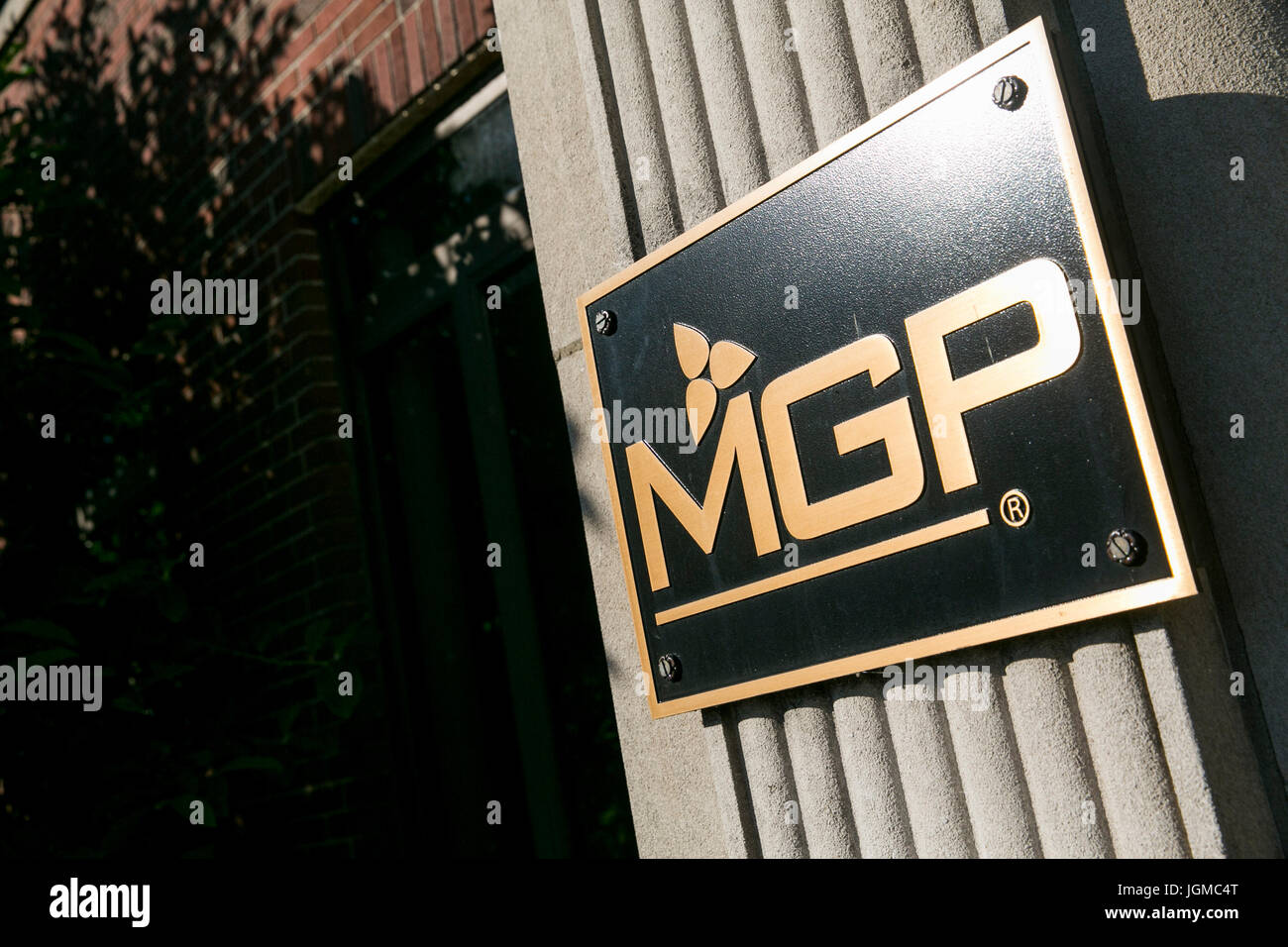 A logo sign outside of a facility occupied by MGP Ingredients, Inc., also known as Midwest Grain Products, in Lawrenceburg, Indiana on July 2, 2017. Stock Photo