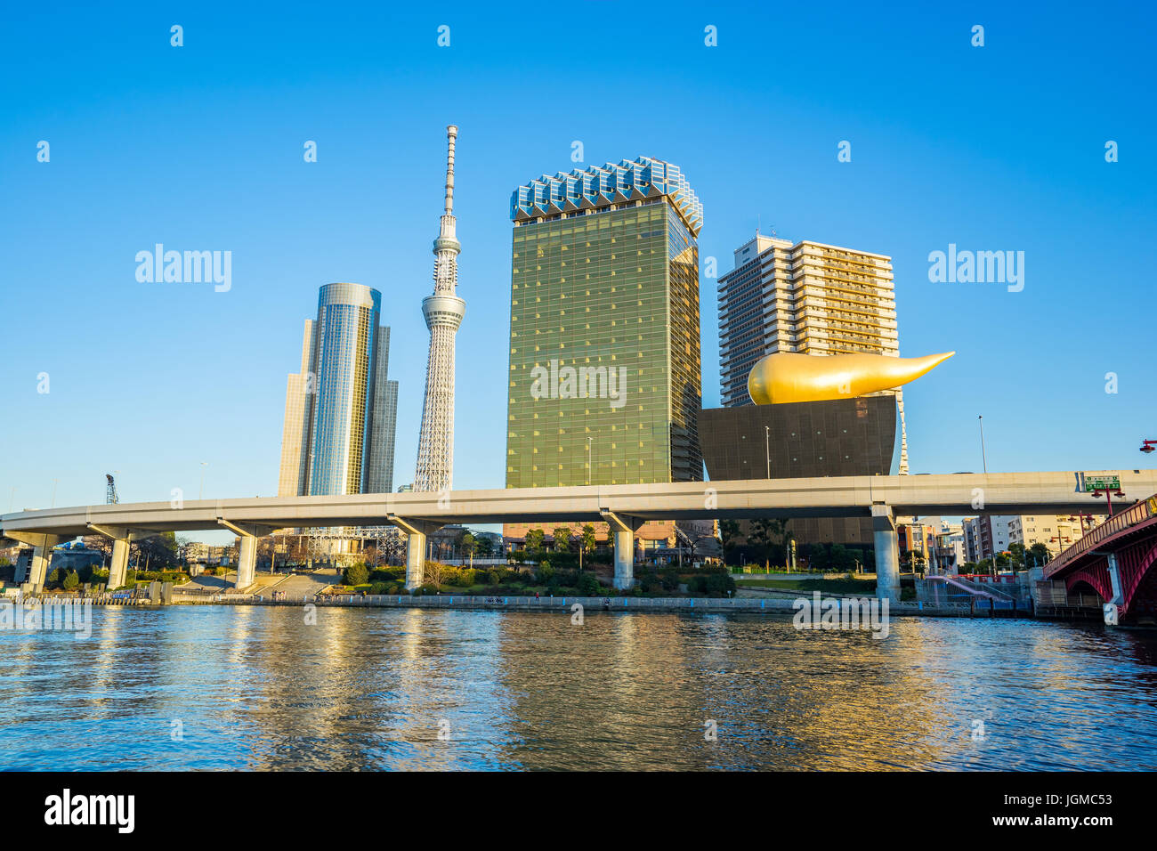 Tokyo landamrk buildings with Sumida River in Tokyo Japan. Stock Photo