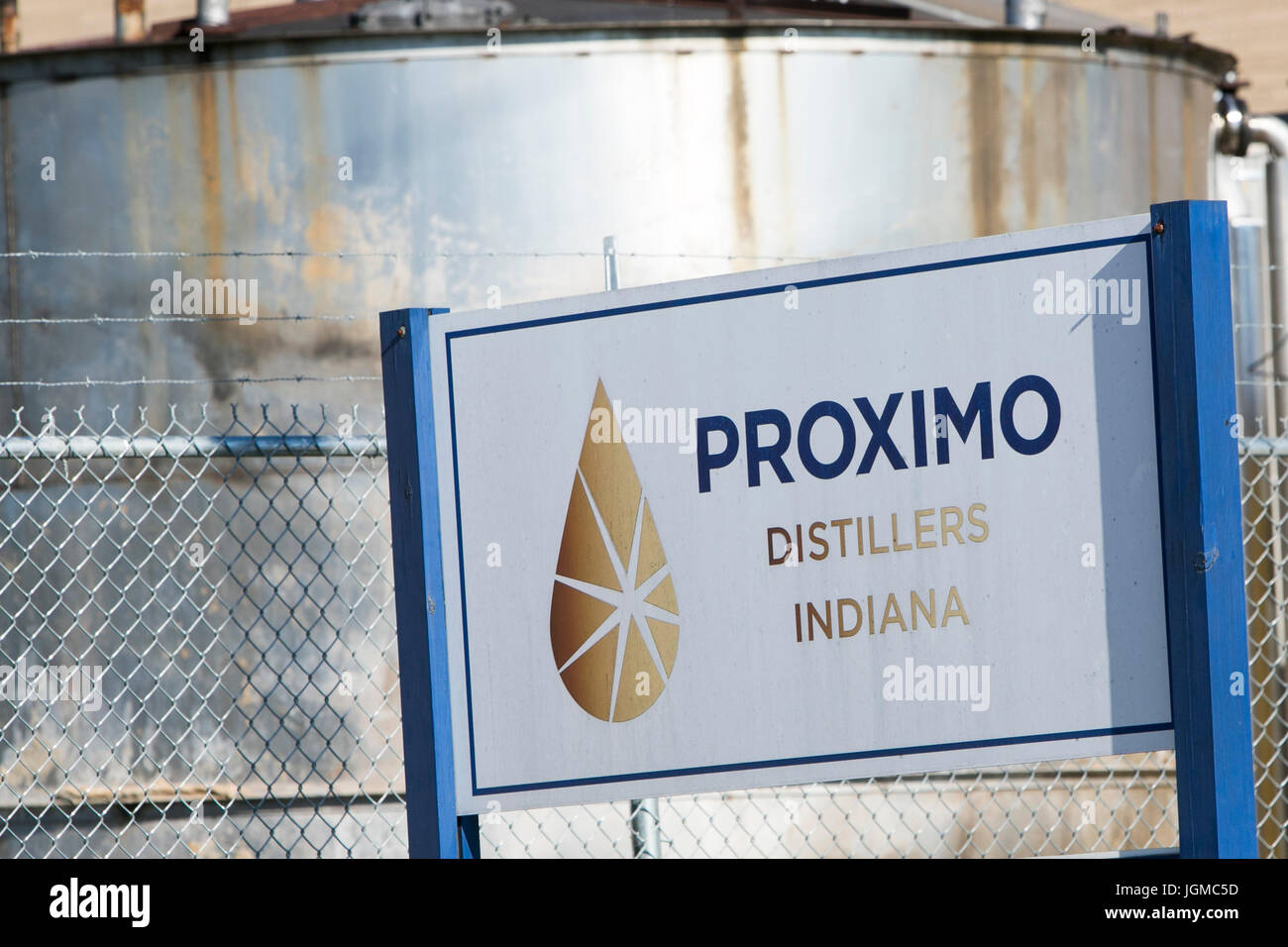 A logo sign outside of a facility occupied by Proximo Spirits, Inc., in Lawrenceburg, Indiana on July 2, 2017. Stock Photo