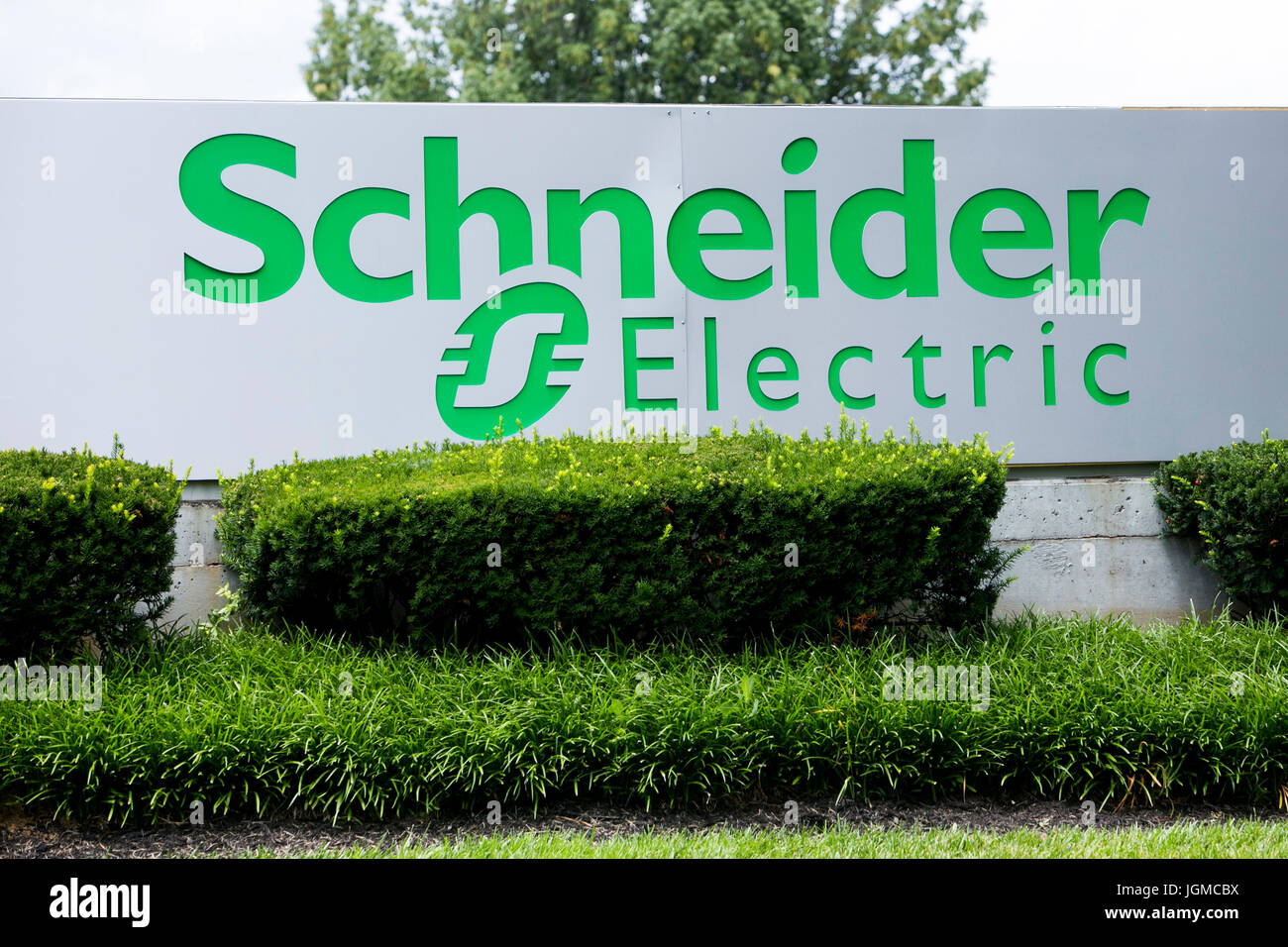 A logo sign outside of a facility occupied by Schneider Electric in Lexington, Kentucky on July 1, 2017. Stock Photo