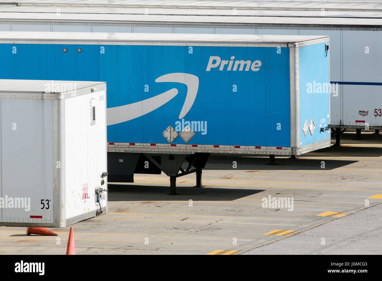 An Amazon Prime logo seen on semi truck trailers outside of a Amazon Fulfillment Center in Hebron, Kentucky on July 2, 2017. Stock Photo