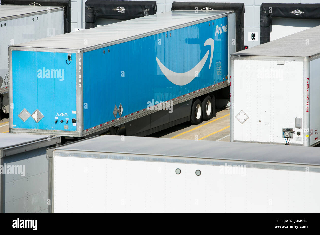 An Amazon Prime logo seen on semi truck trailers outside of a Amazon  Fulfillment Center in Hebron, Kentucky on July 2, 2017 Stock Photo - Alamy