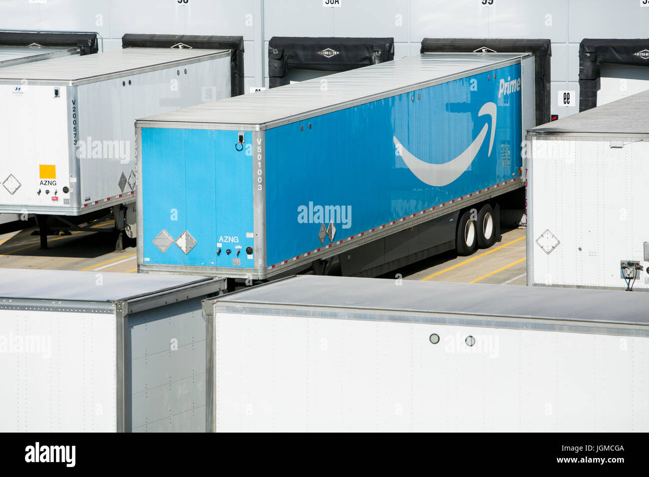 An Amazon Prime logo seen on semi truck trailers outside of a Amazon