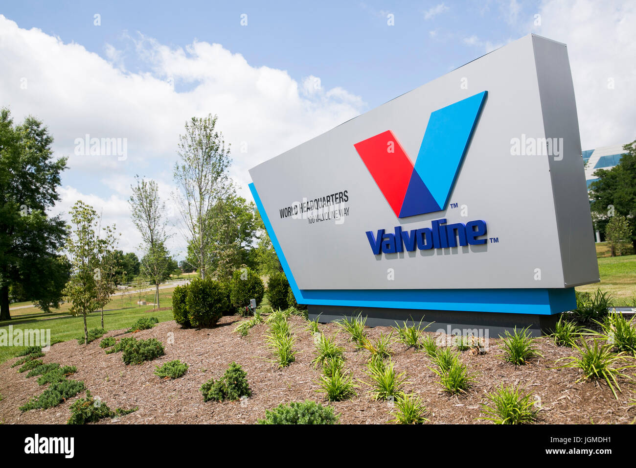 A logo sign outside of the headquarters of Valvoline in Lexington