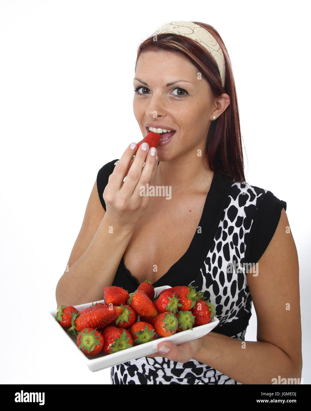 Young Woman Eats Fresh Strawberries Young Woman Eats Strawberry Junge Frau Isst Frische 