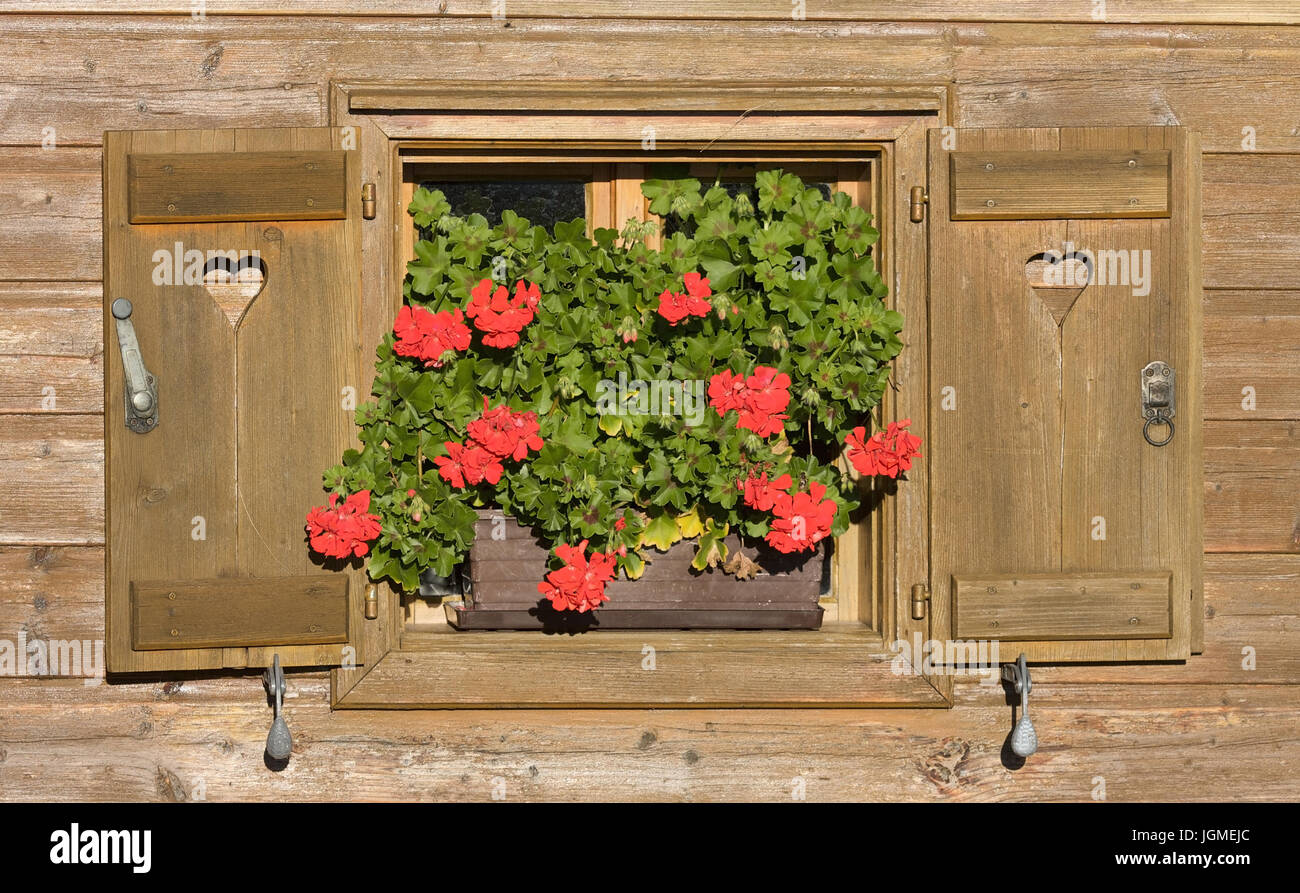 small window decorated with flowers - little window with flowers decorated, kleines mit blumen geschmuÃàcktes Fenster - little window with flowers dec Stock Photo