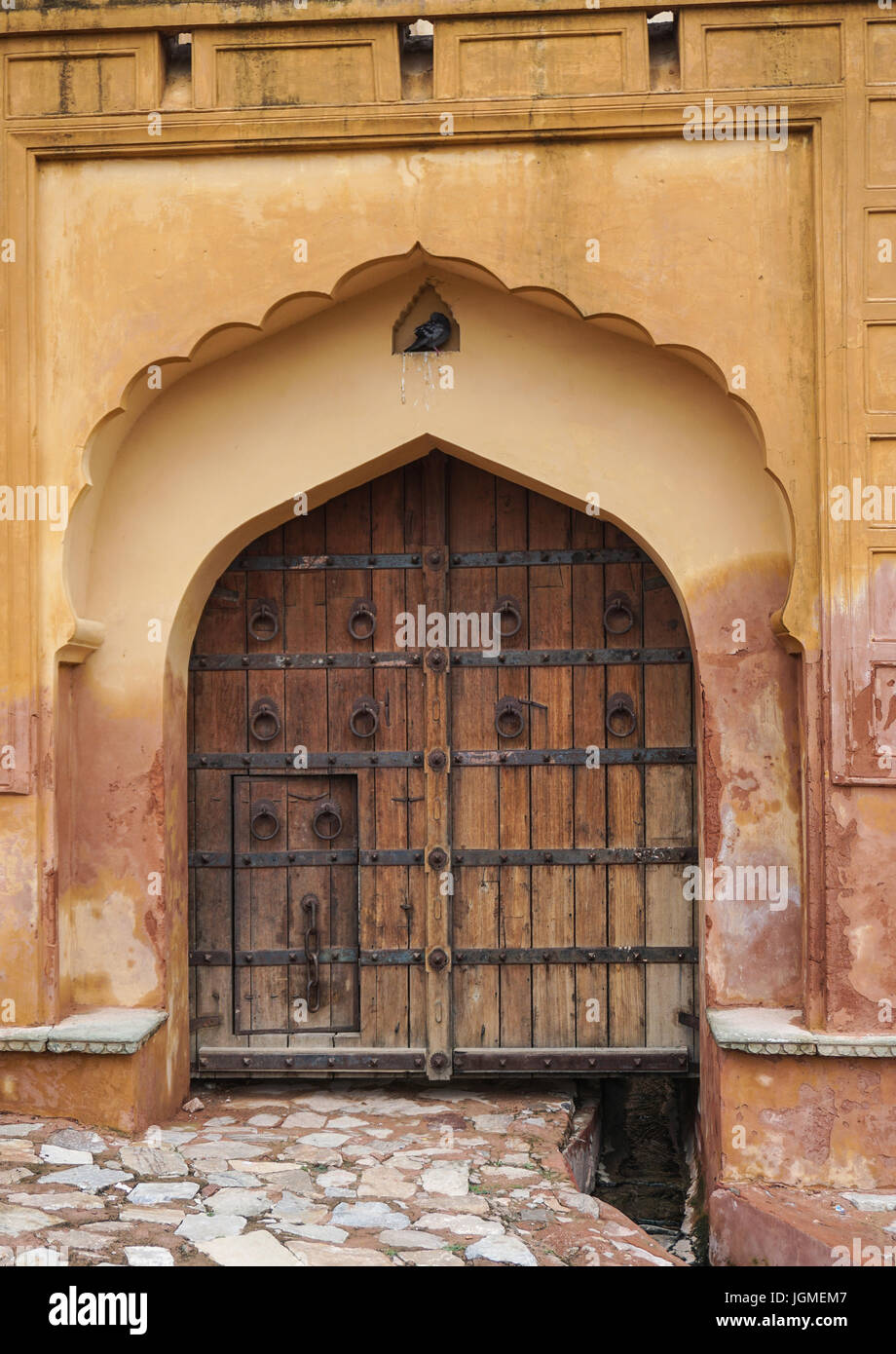 Wooden door of Amer Fort in Jaipur, India. The Amer Fort, situated in