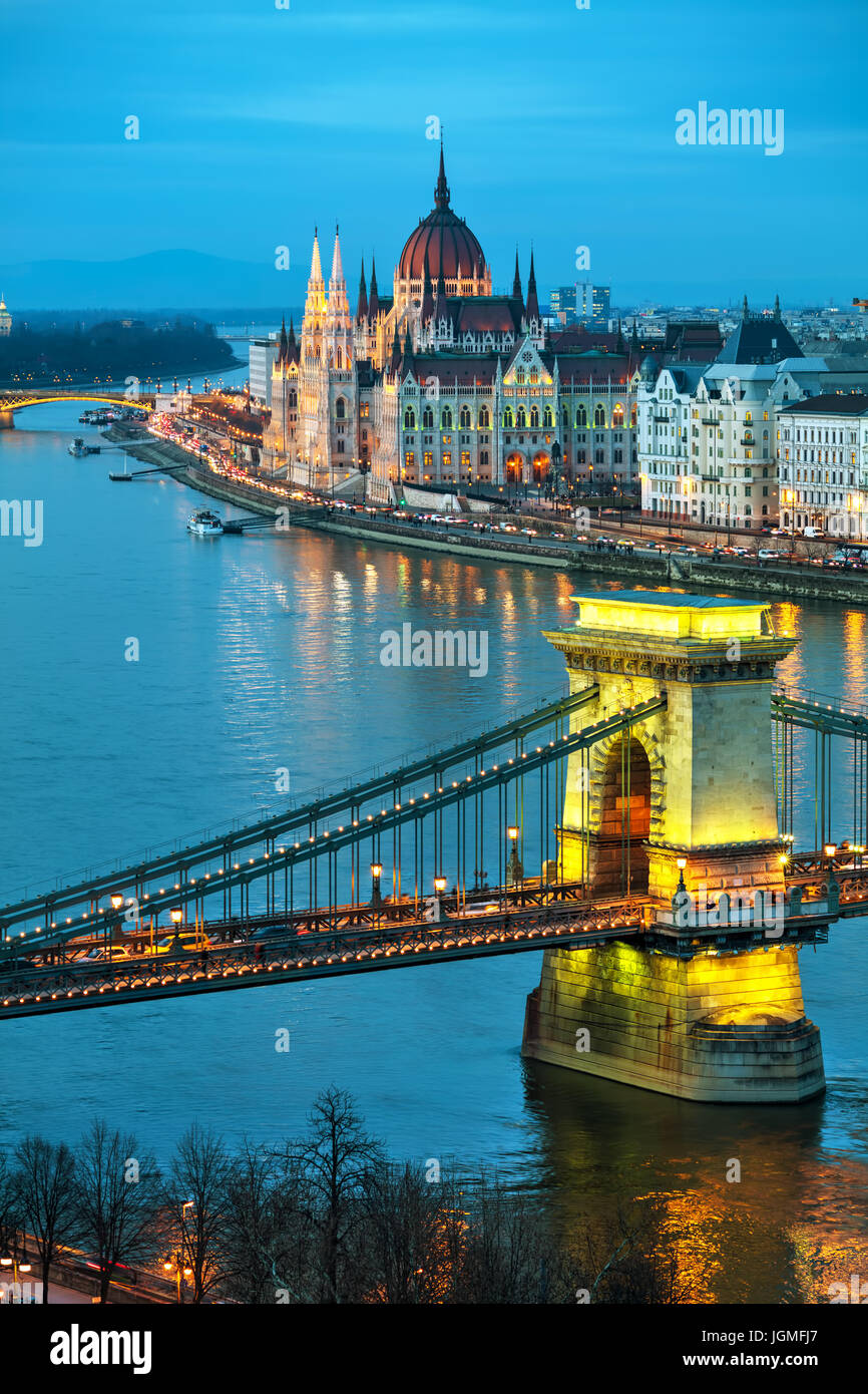 Overview of Budapest with the Szechenyi Chain Bridge at sunset Stock ...