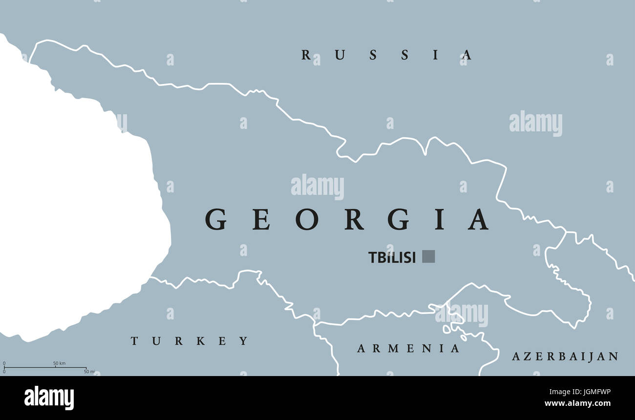 Georgia political map with capital Tbilisi and international borders. Republic and country in the Caucasus region of Eurasia. Gray illustration. Stock Photo