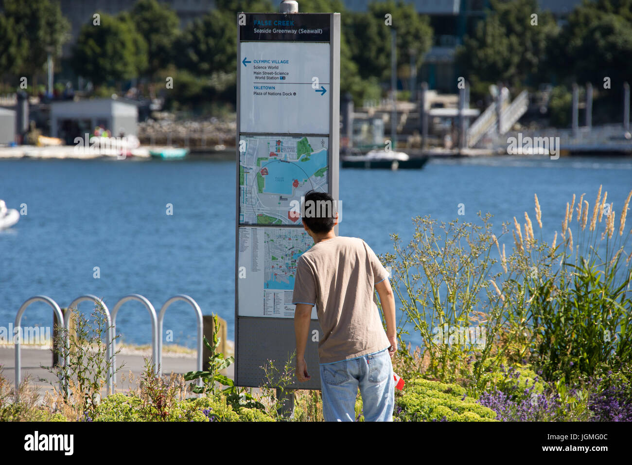 Tourist looking at a map in False Creek on the Seaside Greenway (Seawall), Vancouver, Canada Stock Photo