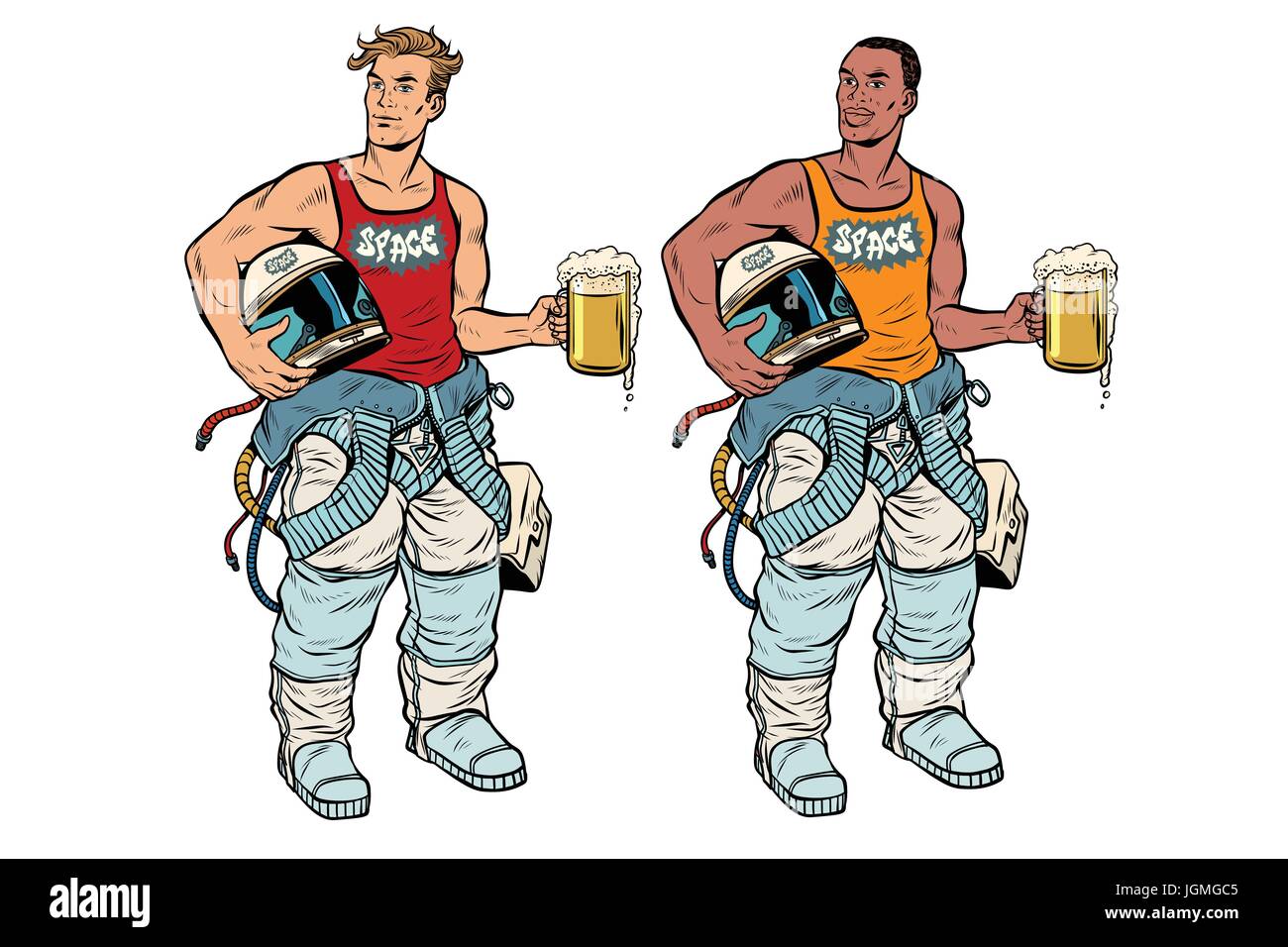 African and Caucasian cosmonaut with a beer Stock Vector
