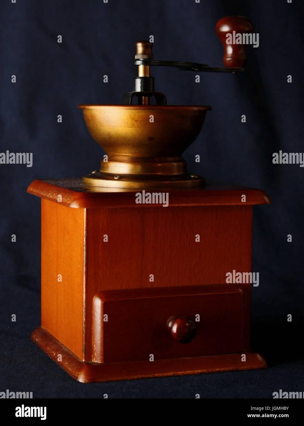 Wood and copper coffee grinders Stock Photo Alamy