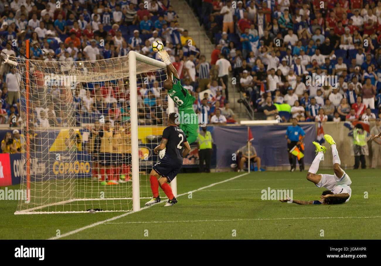 Harrison, NJ USA - July 7, 2017: Goalkeeper Patrick Pemberton (18) of Costa Rica National team saves during CONCACAF Gold Cup group stage game against Stock Photo