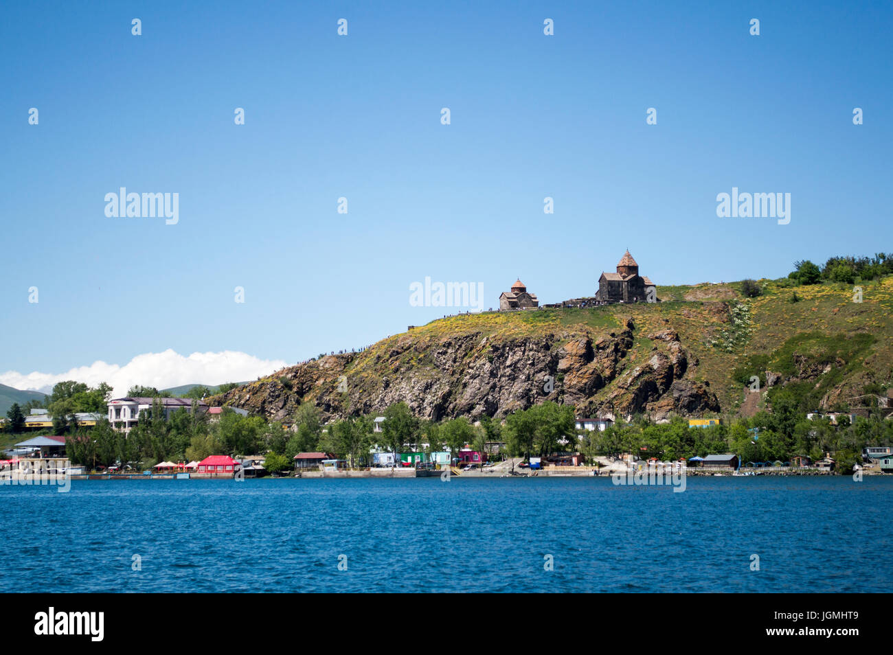 A view of Sevanavank monastery and Sevan peninsula from Lake Sevan in Armenia. Stock Photo