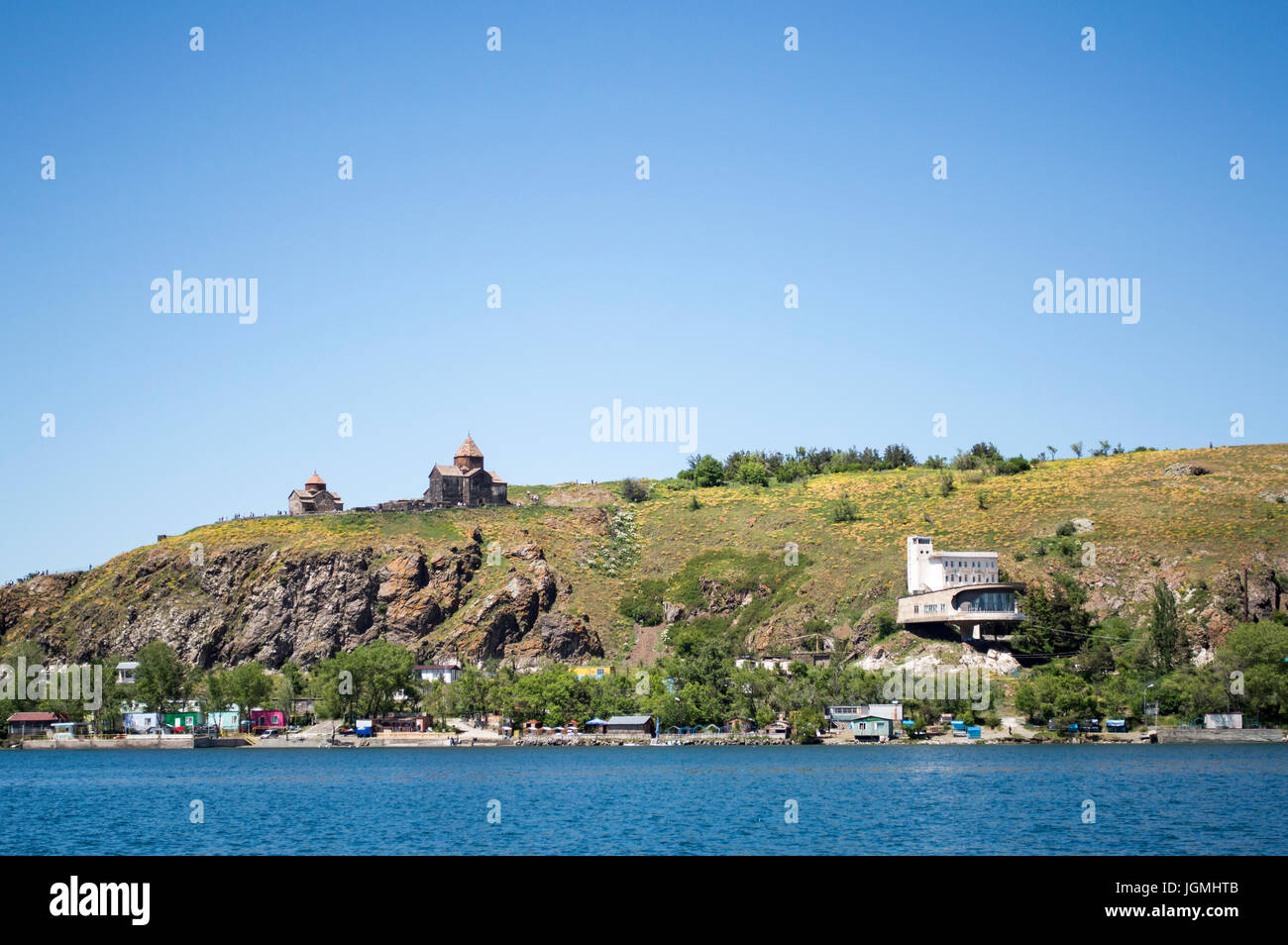 Sevanvank monastery and Writers' Union Guest House on Sevan Peninsula, Lake Sevan, Armenia Stock Photo