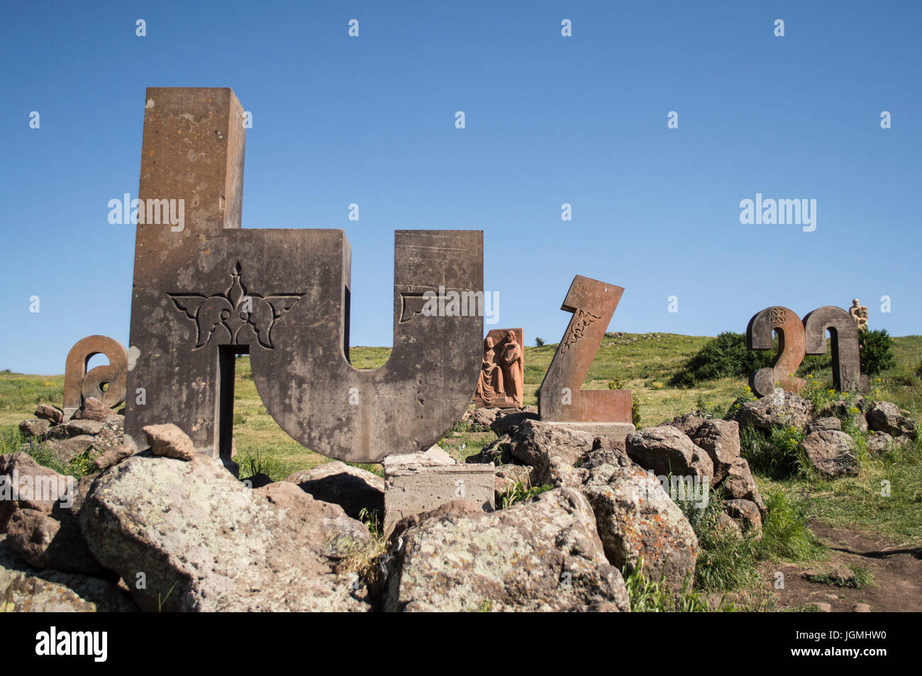 Letters of Armenian alphabet - Aparan, Armenia - Monument of Armenian alphabet - July 2, 2017 Stock Photo