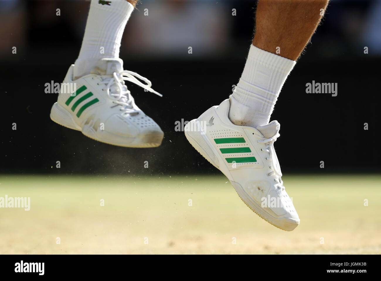 The Adidas trainers of Novak Djokovic on day six of the Wimbledon  Championships at The All England Lawn Tennis and Croquet Club, Wimbledon.  PRESS ASSOCIATION Photo. Picture date: Saturday July 8, 2017.