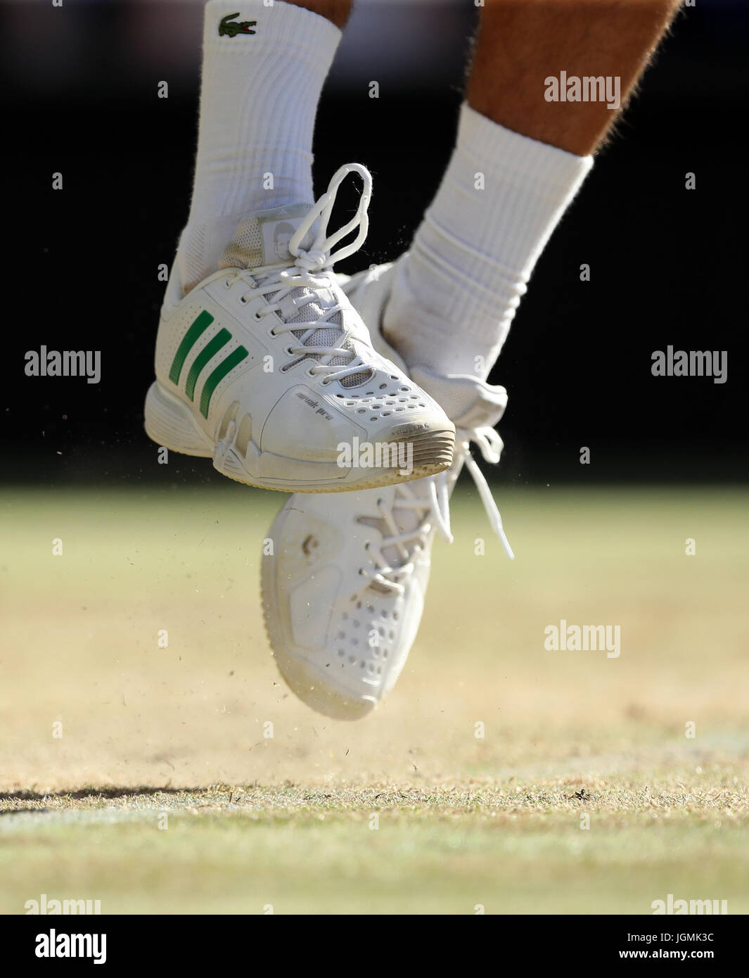 The Adidas trainers of Novak Djokovic on day six of the Wimbledon  Championships at The All England Lawn Tennis and Croquet Club, Wimbledon.  PRESS ASSOCIATION Photo. Picture date: Saturday July 8, 2017.