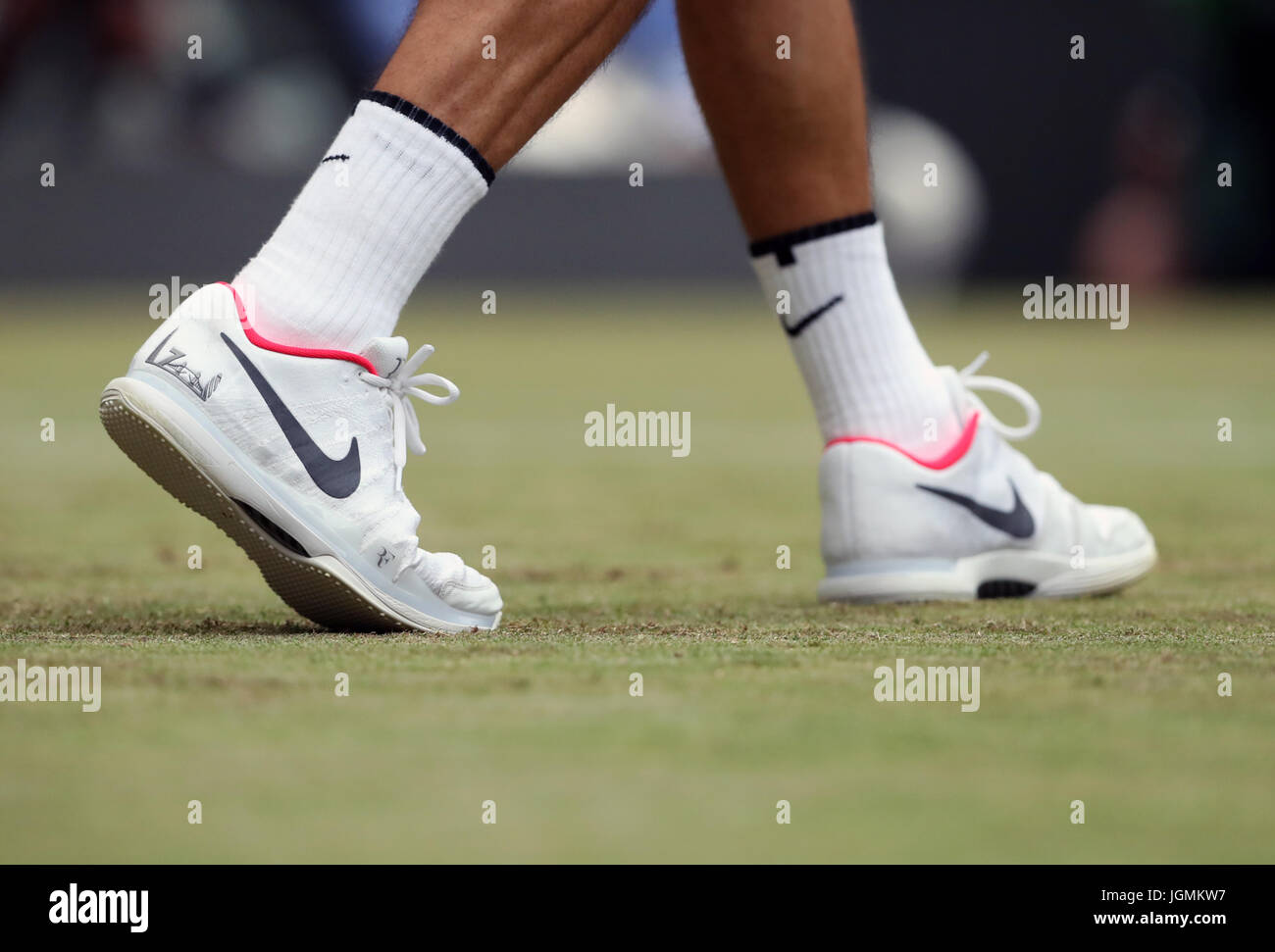 Roger Federer Nike shoes on day six of the Wimbledon Championships at The  All England Lawn Tennis and Croquet Club, Wimbledon. PRESS ASSOCIATION  Photo. Picture date: Saturday July 8, 2017. See PA