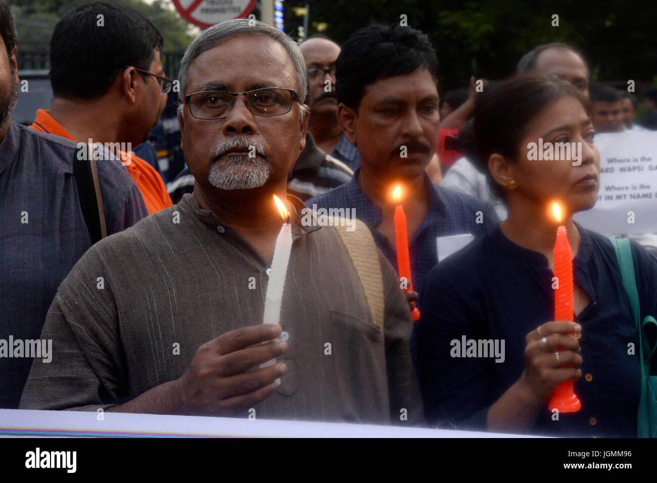 Kolkata, India. 08th July, 2017. A group of activist participates in a candle light vigil against recent communal violence at Baduria of North 24 Parganas in Kolkata. Credit: Saikat Paul/Pacific Press/Alamy Live News Stock Photo