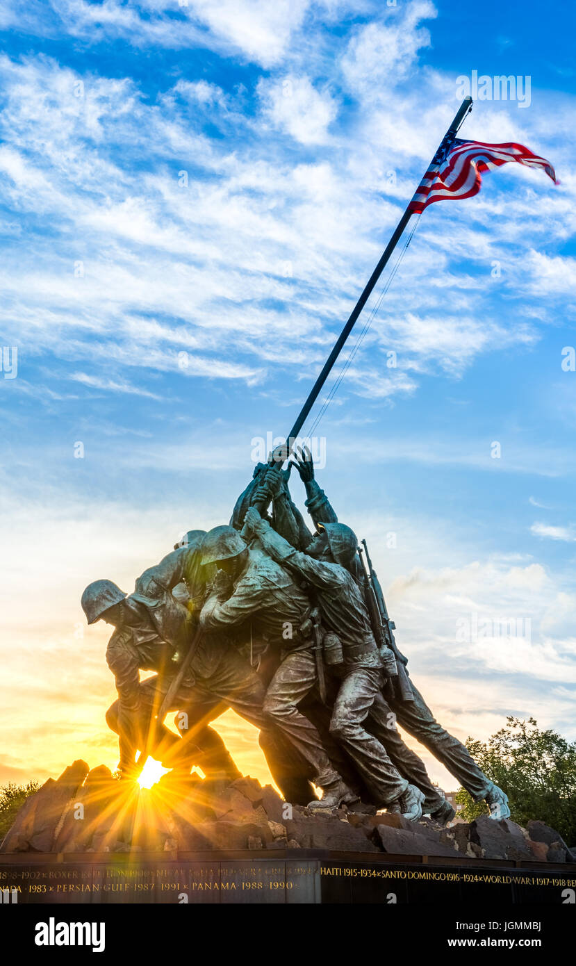 Iwo Jima memorial in Washington DC. The Memorial honors the Marines who have died defending the US since 1775. Stock Photo