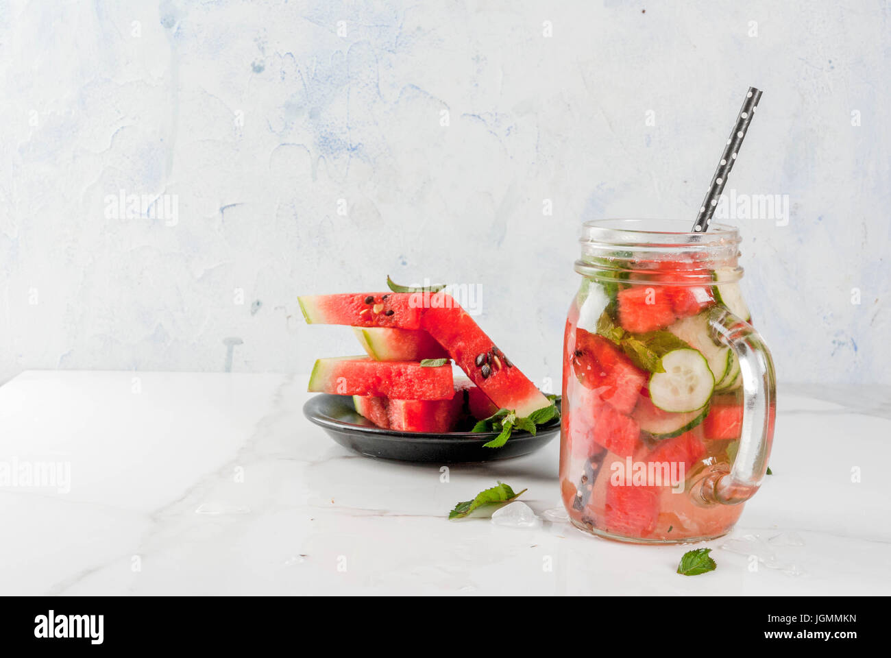 Summer drinks and cocktails. Lemonade, infused detox water with mints