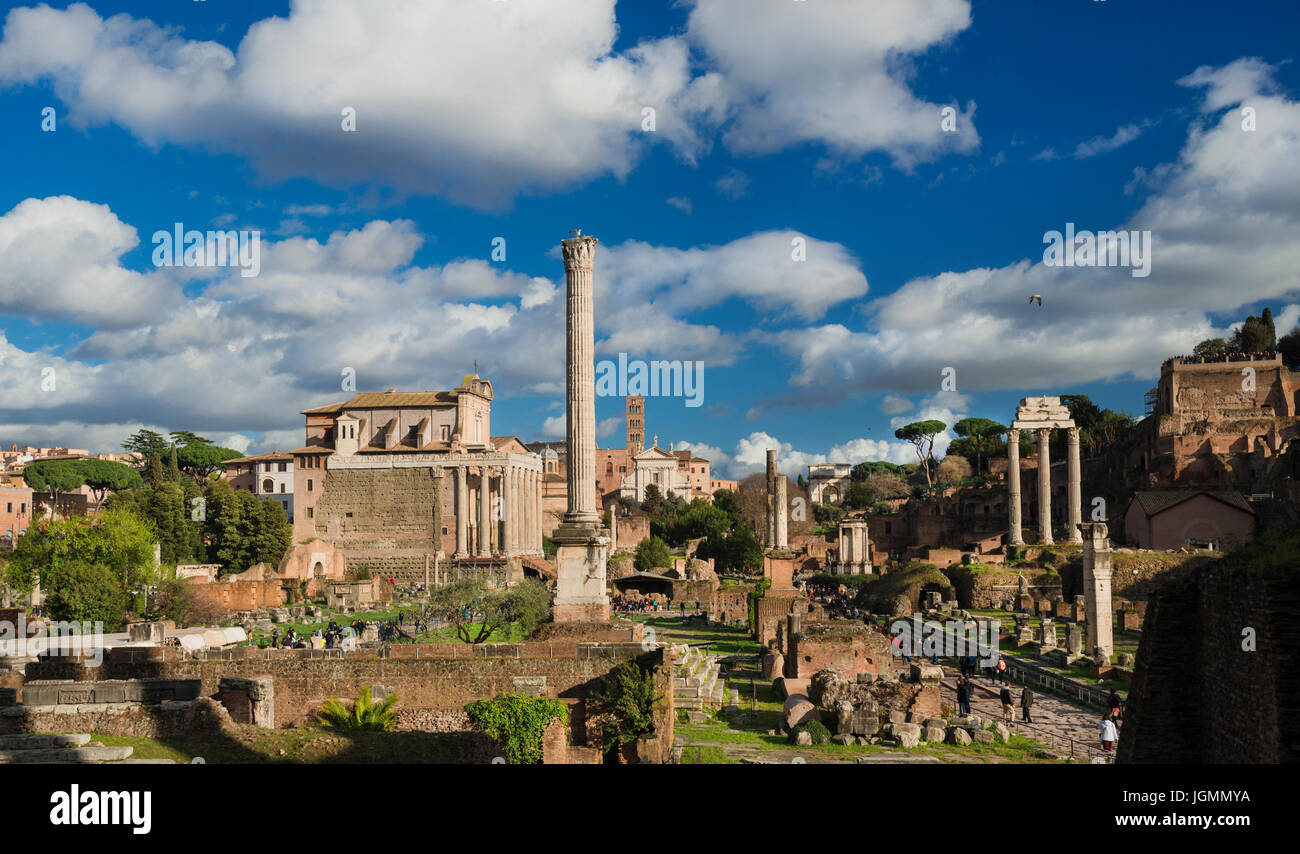 Tourists visit Roman Forum ancient ruins and Palatine Hill in the ...