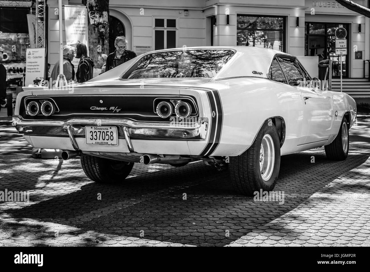 BERLIN - JUNE 17, 2017: Mid-size car Dodge Charger R/T, 1968. Rear view. Black and white. Classic Days Berlin 2017. Stock Photo