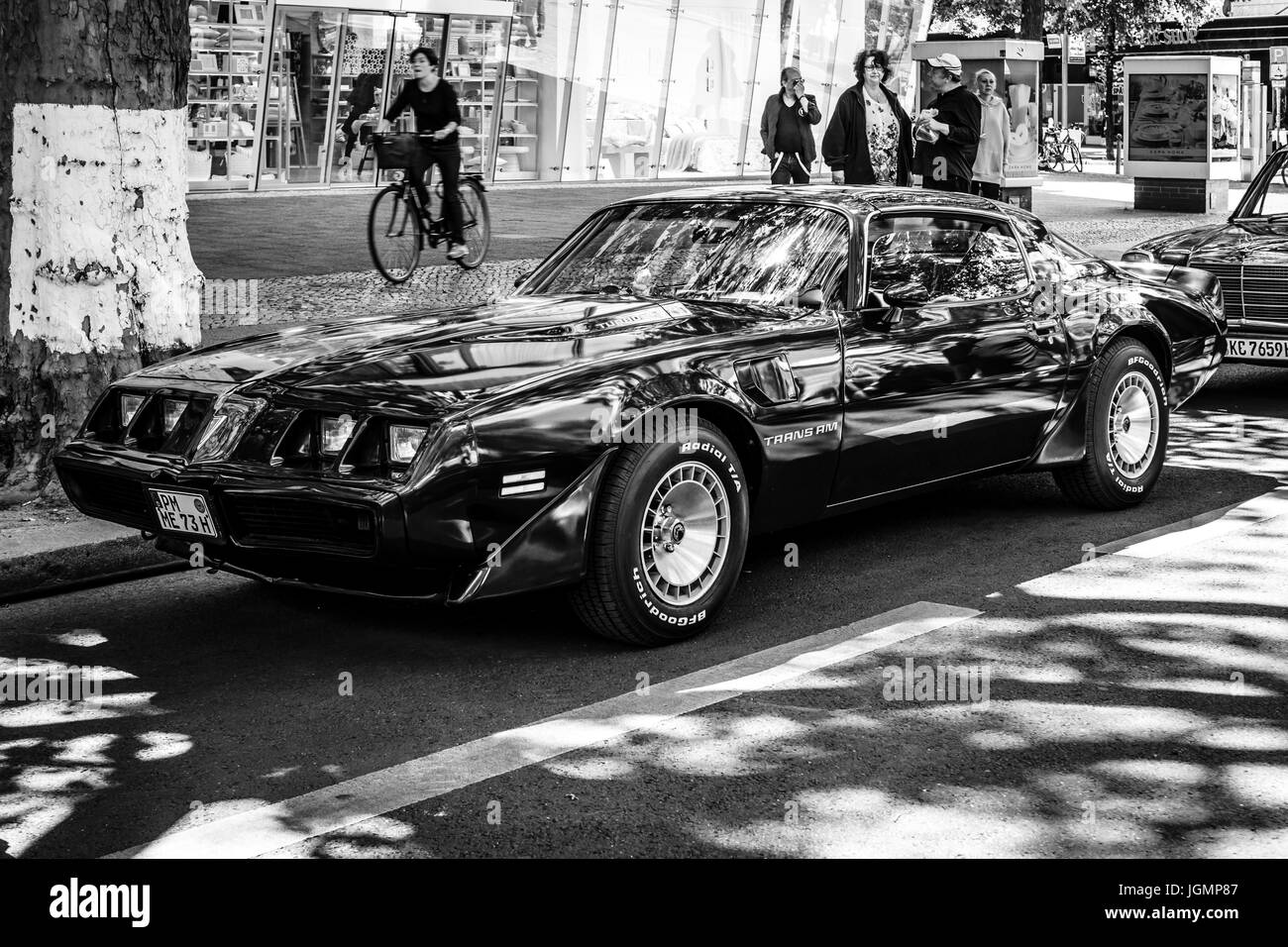 BERLIN - JUNE 17, 2017: Muscle car Pontiac Firebird Turbo Trans Am (second generation). Black and white. Classic Days Berlin 2017. Stock Photo