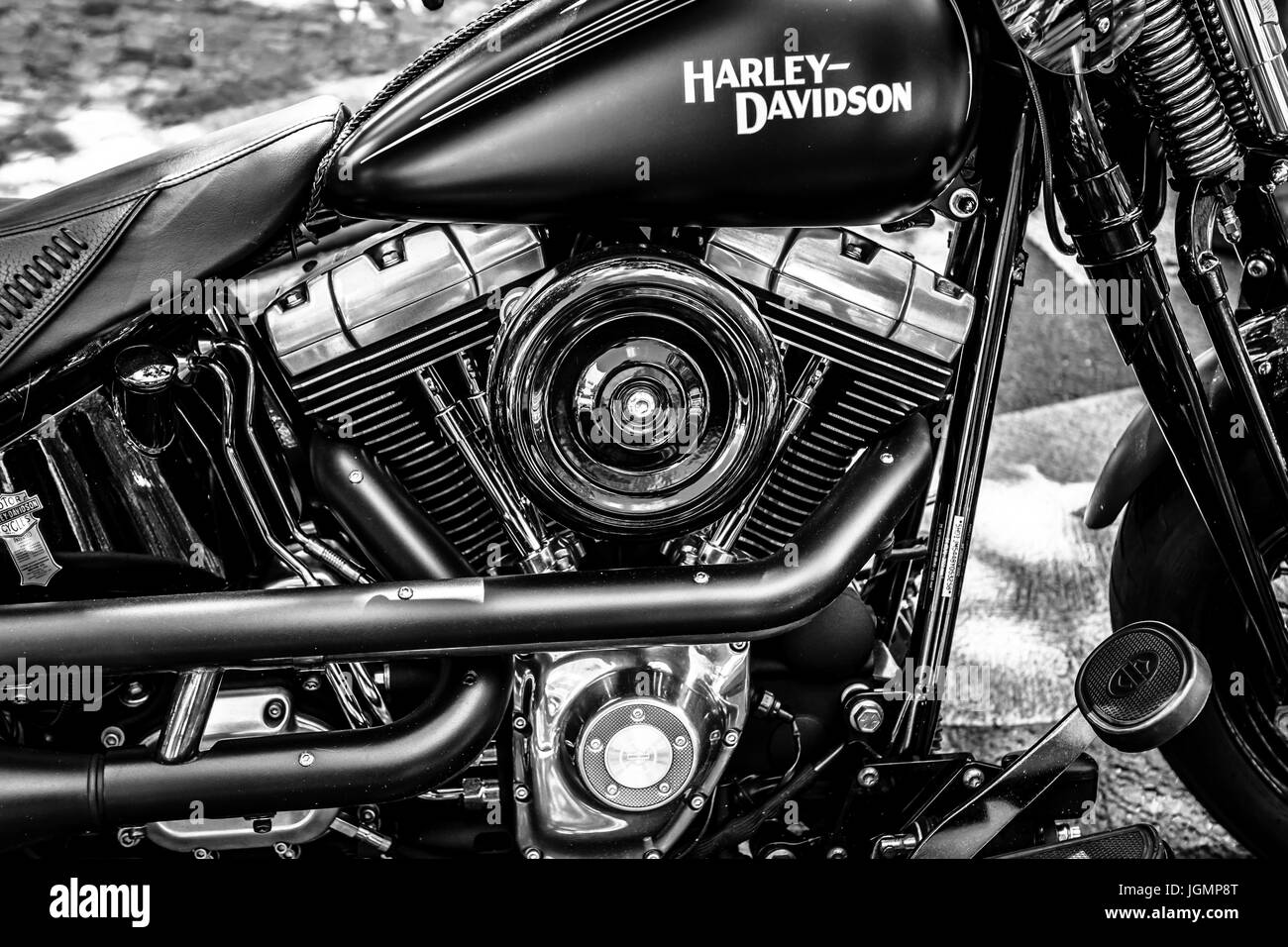 BERLIN - JUNE 17, 2017: Engine of motorcycle Harley-Davidson, close-up. Black and white. Classic Days Berlin 2017. Stock Photo