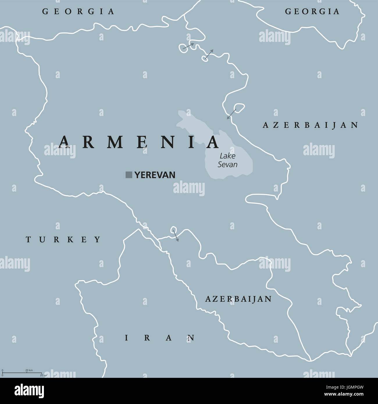 Armenia political map with capital Yerevan. Republic and sovereign state and in South Caucasus and Middle East region. Gray illustration. Stock Photo