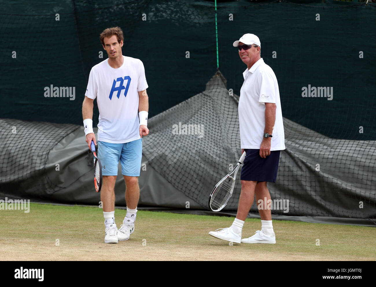 Great Britain's Andy Murray and coach Ivan Lendl during a training session  on day seven of the Wimbledon Championships at the All England Lawn Tennis  and Croquet Club, Wimbledon Stock Photo -
