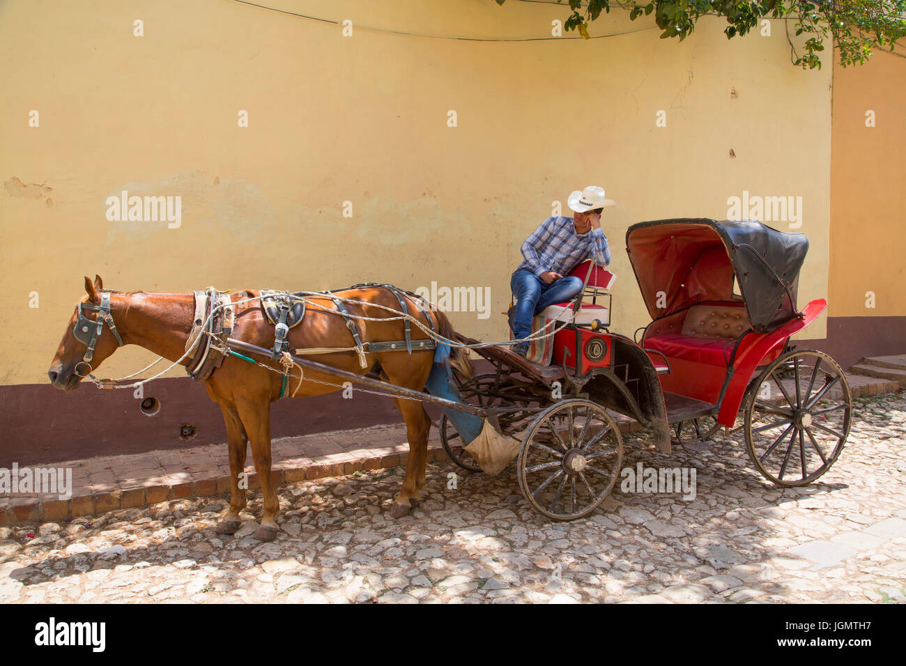 Relaxed Man with his Horse Driven Carriage, Trinidad, UNESCO World Heritage Site, Sancti Spiritus, Cuba Stock Photo