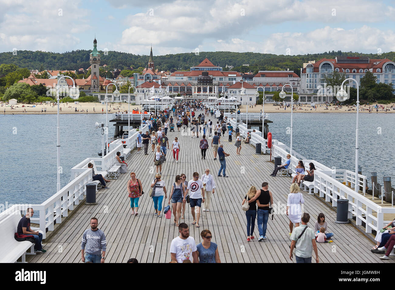 Tourists on the wooden pier in Sopot, Poland, 09 July, 2017. Stock Photo