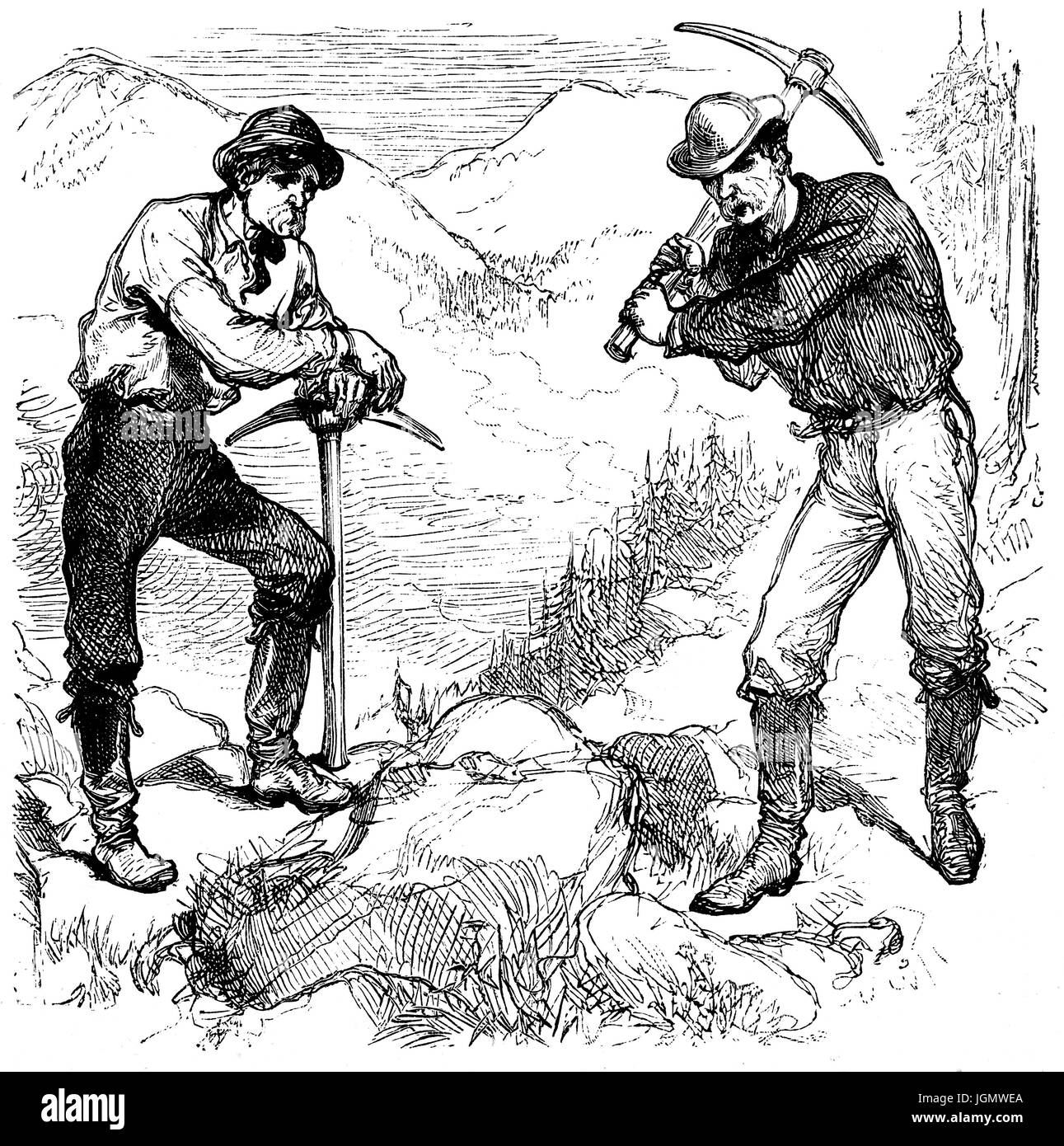1879: Gold prospectors in the Sierra Nevada Mountains,  California,  United States of America Stock Photo