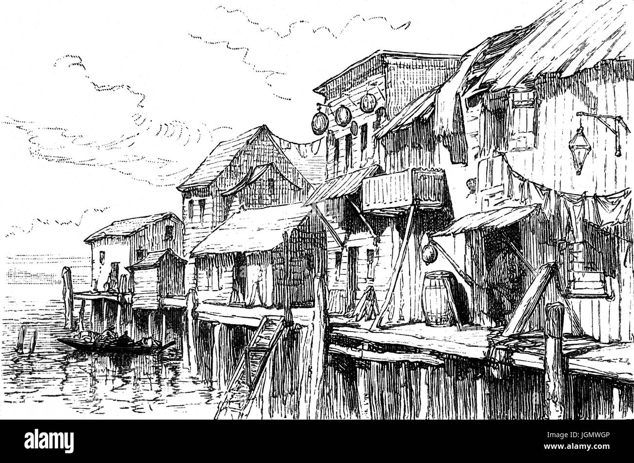 1879: Chinese houses at the Waterside in  China Town, San Francisco, California, United States of America Stock Photo