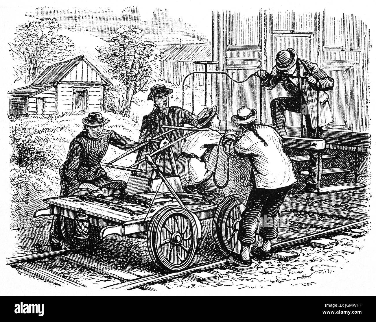 1879: Chinese railway labourers being towed by a train, near San Francisco, California, United States of America Stock Photo