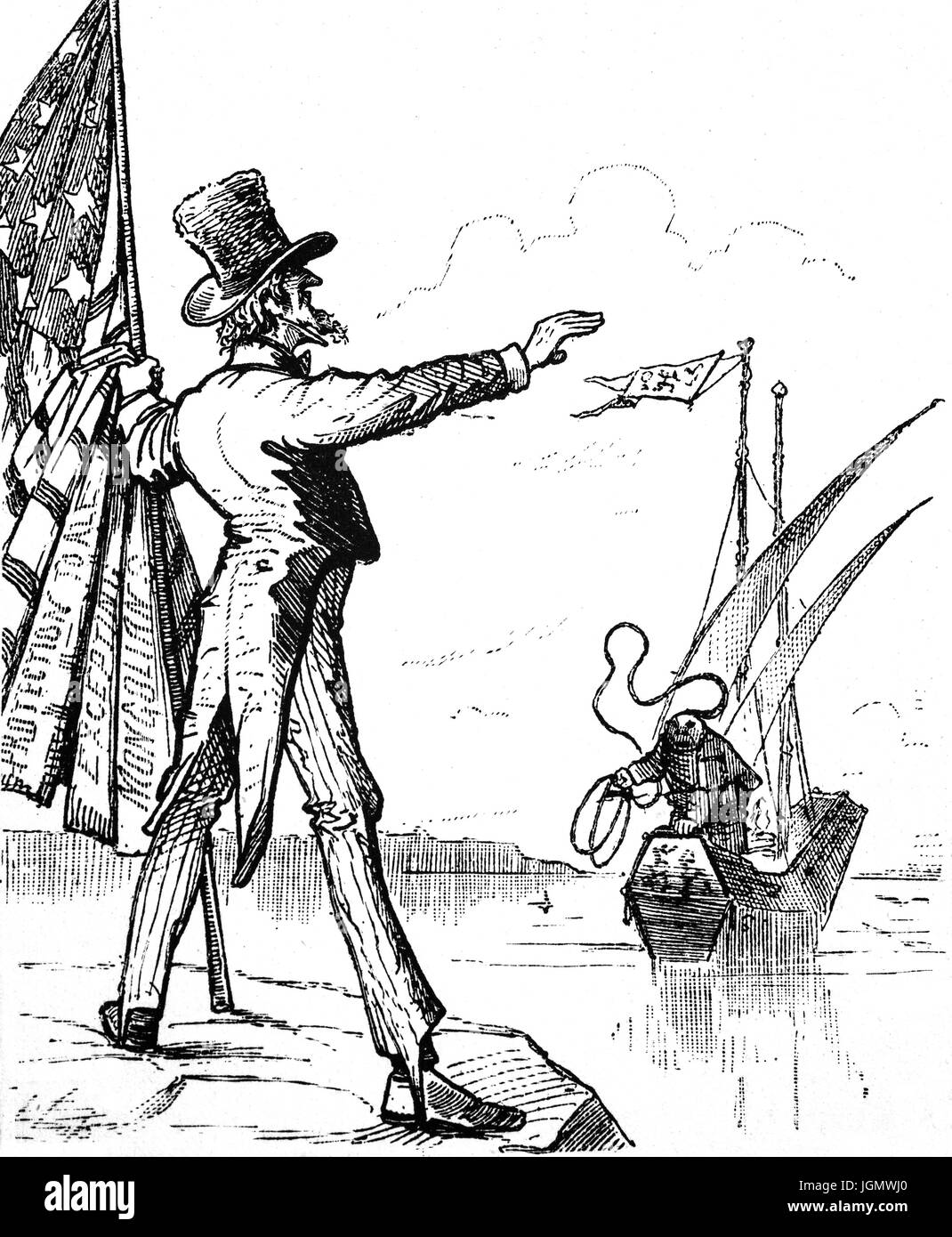 1879: A late 19th century political cartoon of Uncle Sam, keeping Chinese immigrants at bay: 'Keep off! You are so industrious and economical that our boys can't compete with you',  San Francisco, California, United States of America Stock Photo