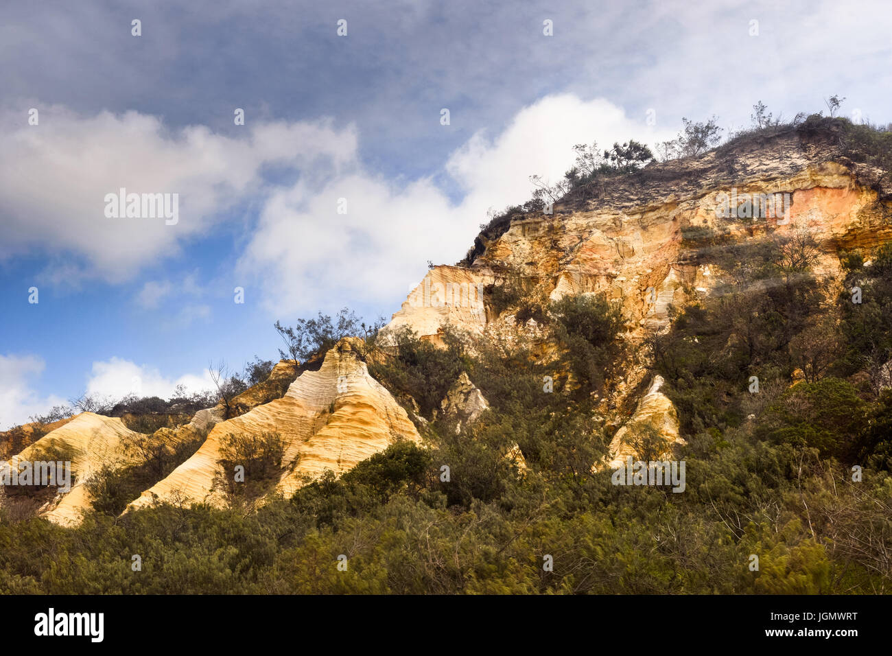Coloured sands cathedral cliffs on Fraser Island in Australia. Stock Photo