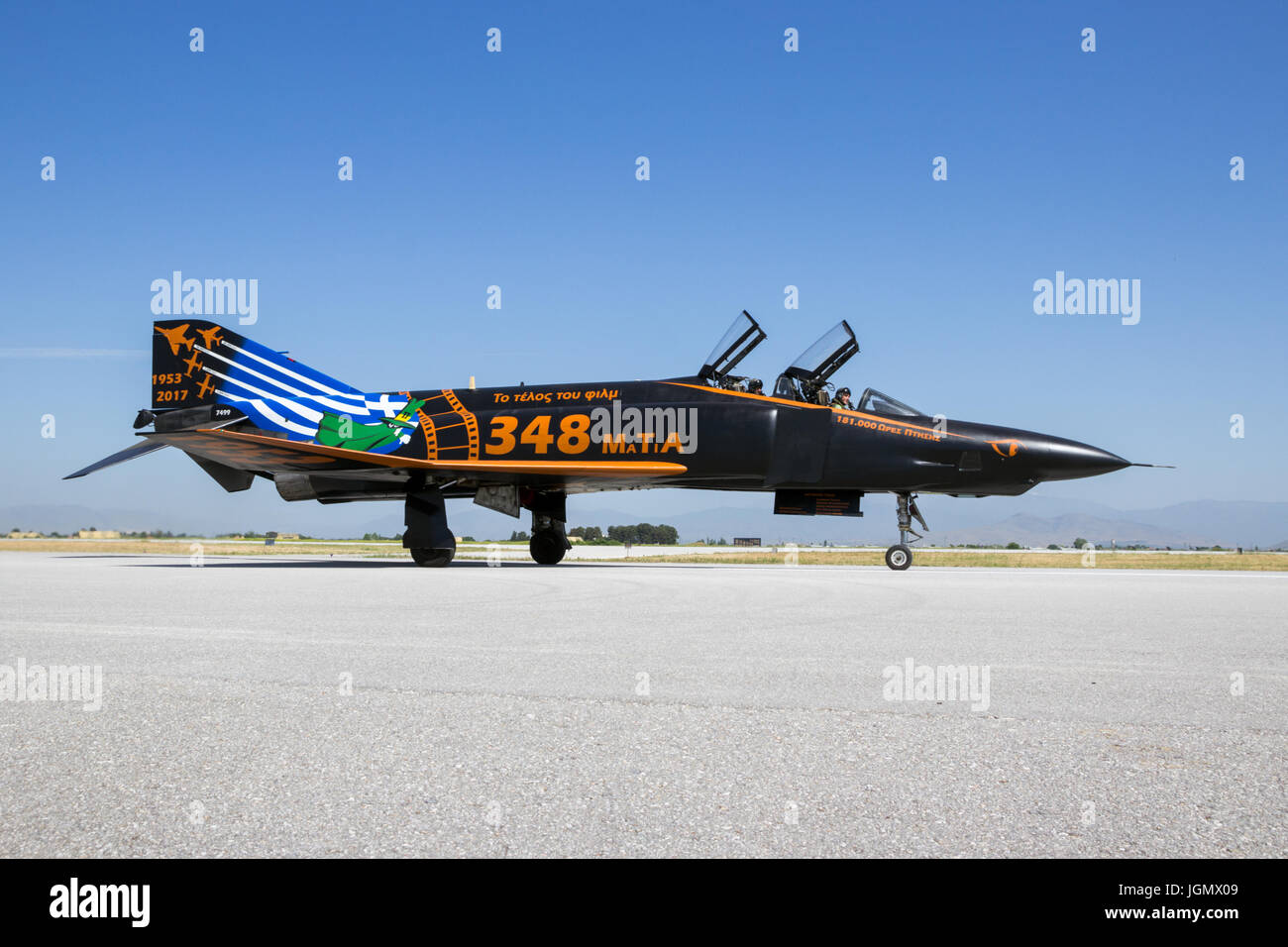 LARISSA, GREECE - MAY 4, 2017: Special painted Hellenic Air Force RF-4E Phantom II fighter jet plane taxiing after one of its last flights. 348 Reconn Stock Photo