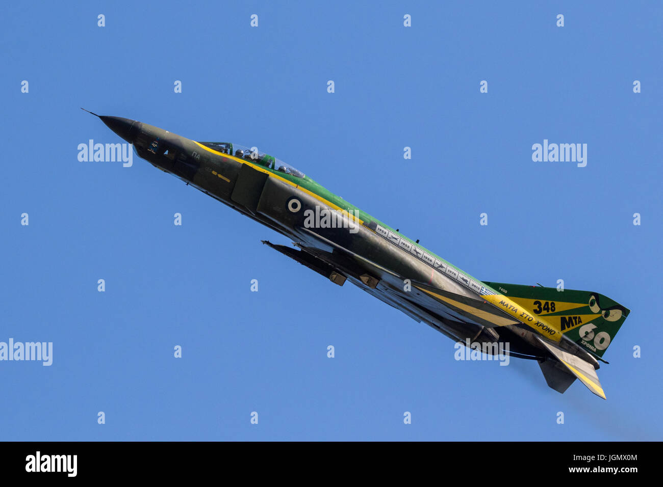 LARISSA, GREECE - MAY 4, 2017: Hellenic Air Force RF-4E Phantom II jet flyby on one of its last flights. 348 Reconnaissance Squadron suspends operatio Stock Photo