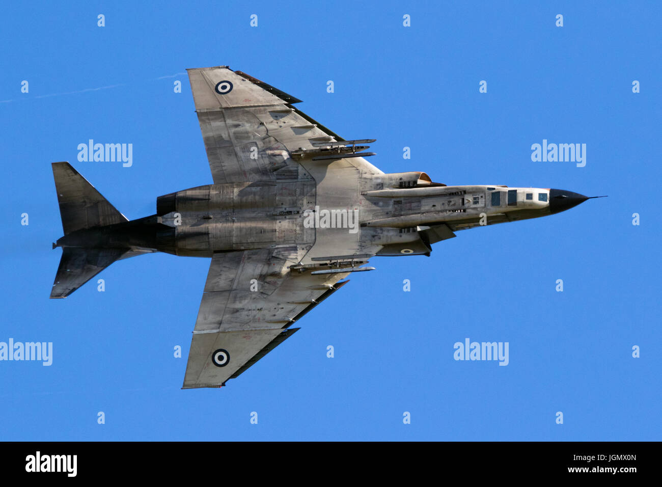 LARISSA, GREECE - MAY 4, 2017: Hellenic Air Force RF-4E Phantom II jet flyby on one of its last flights. 348 Reconnaissance Squadron suspends operatio Stock Photo