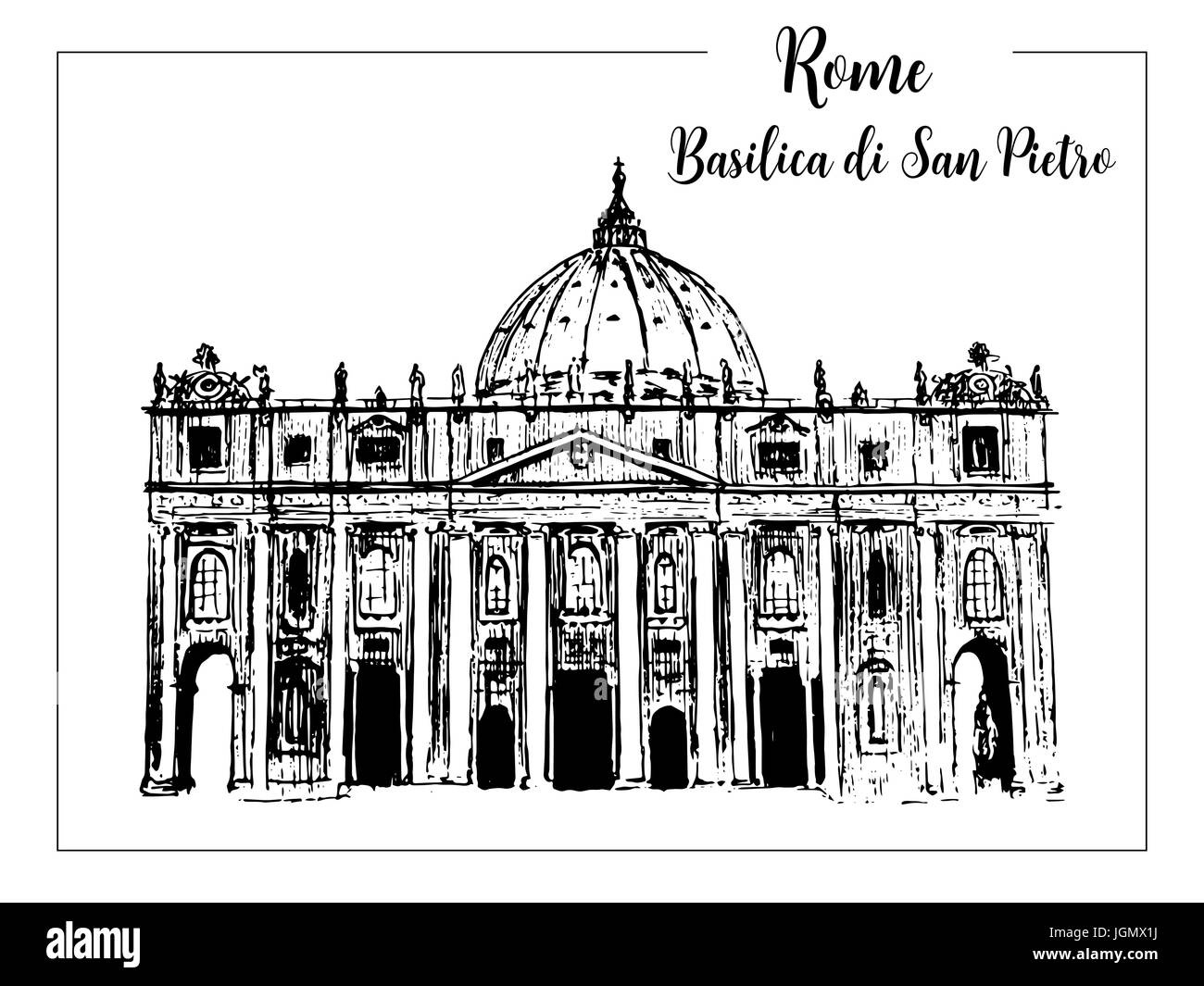 St. Peter Cathedral. Rome architectural symbol. Beautiful hand drawn vector sketch illustration. Italy. skyline. For prints, textile, advertising, pos Stock Vector
