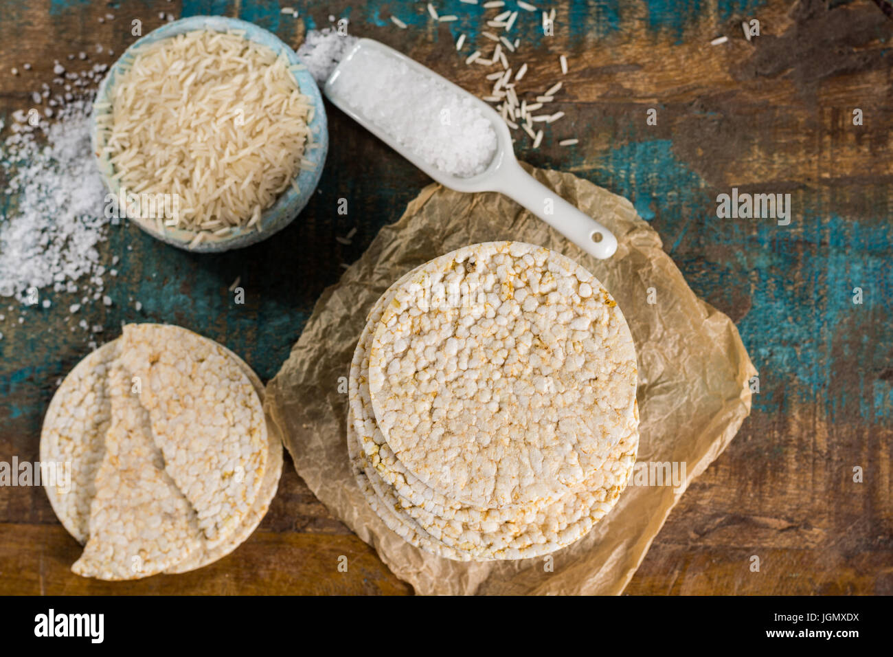 Healthy puffed rice cakes crackers stacked with sea salt close up Stock
