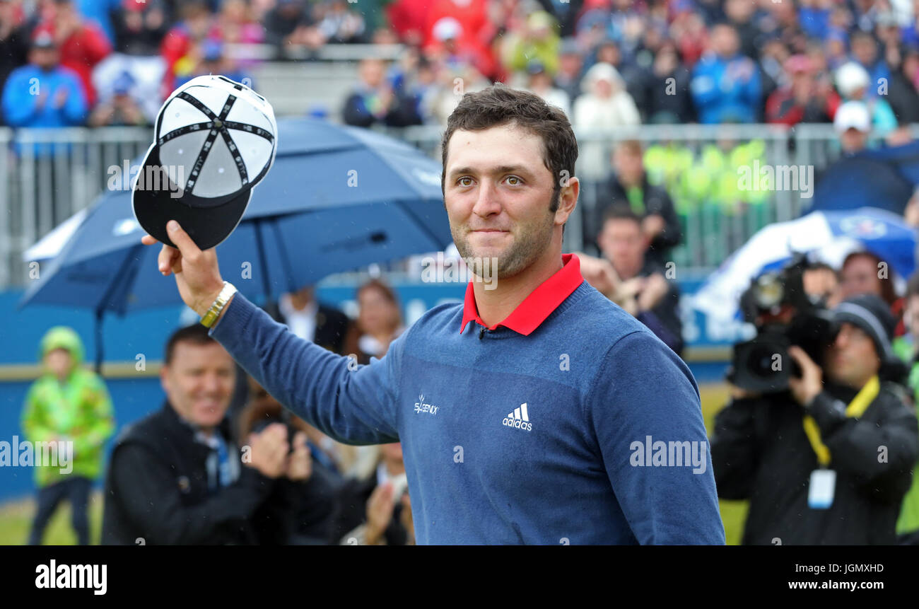 Spain's Jon Rahm celebrates winning the Dubai Duty Free Irish Open at Portstewart Golf Club