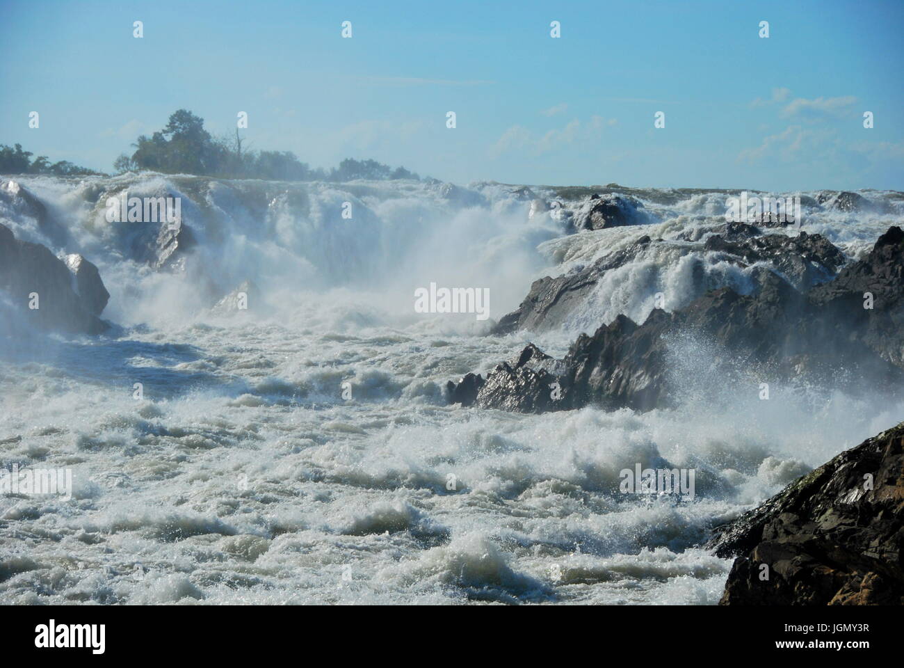 The powerful Khone Phapheng Waterfalls near Don Det, 4000 Islands, Laos Stock Photo