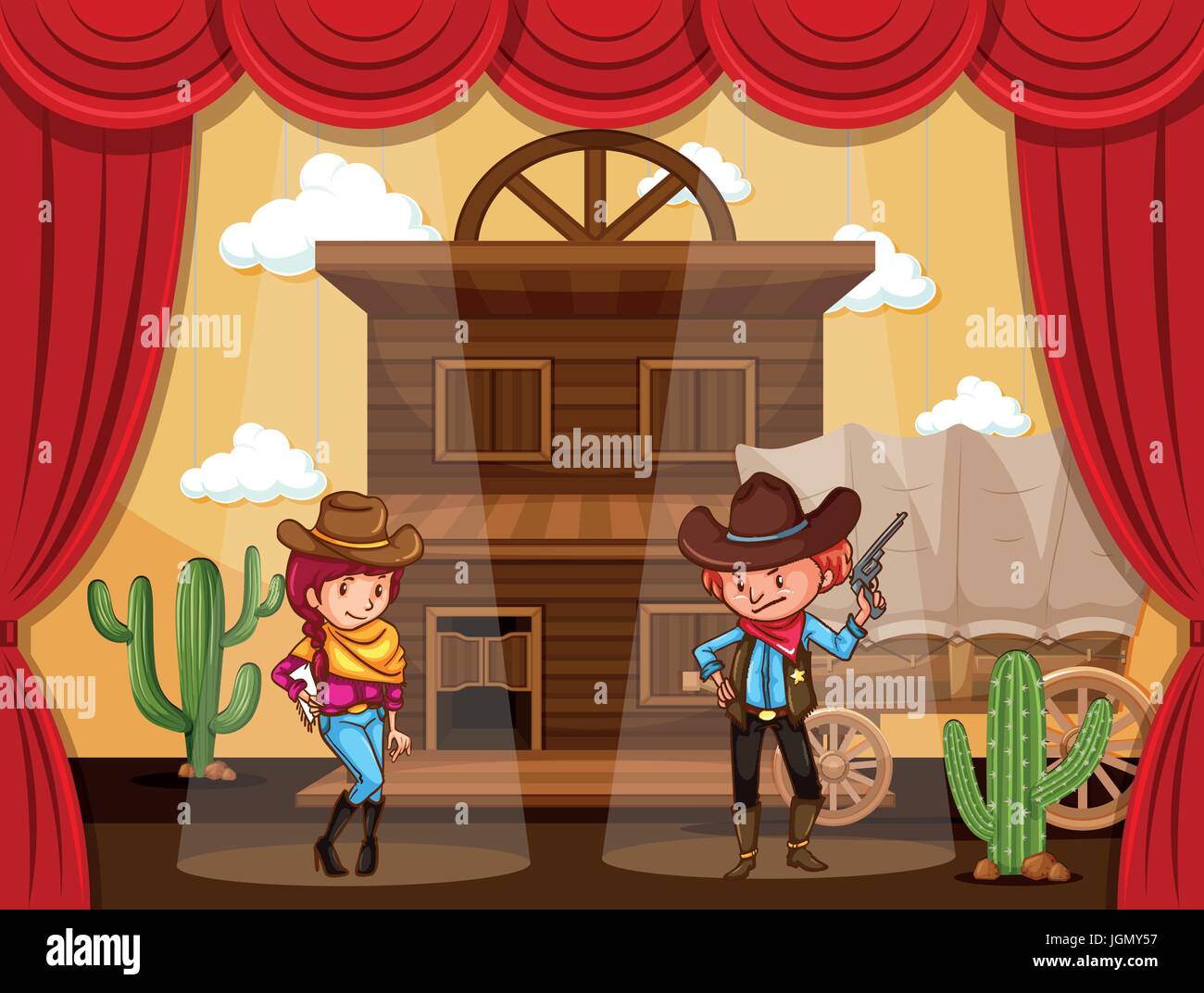 People playing cowboy on stage illustration Stock Vector