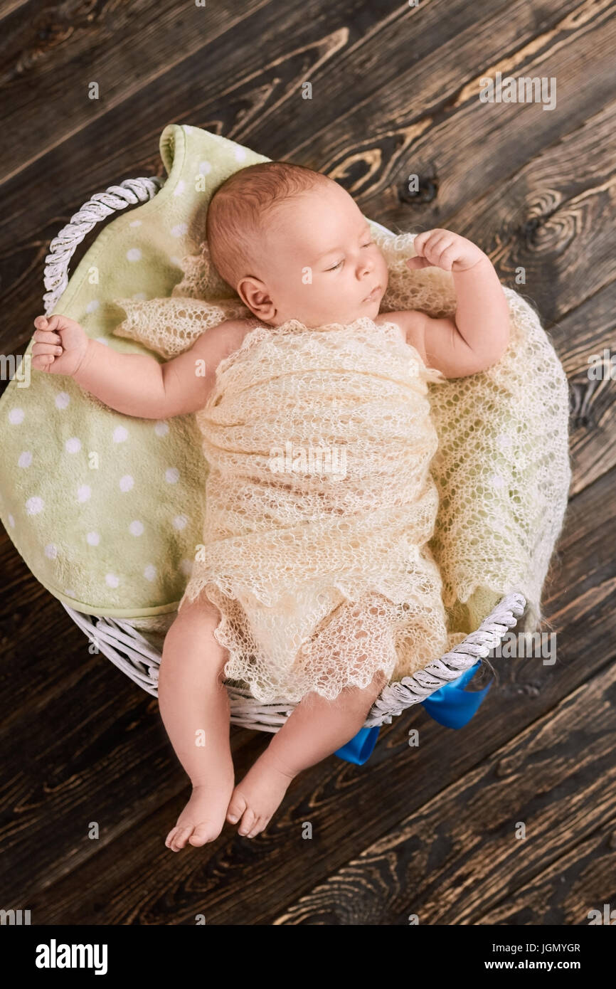 Sleepy baby boy. Top view of caucasian infant Stock Photo Alamy